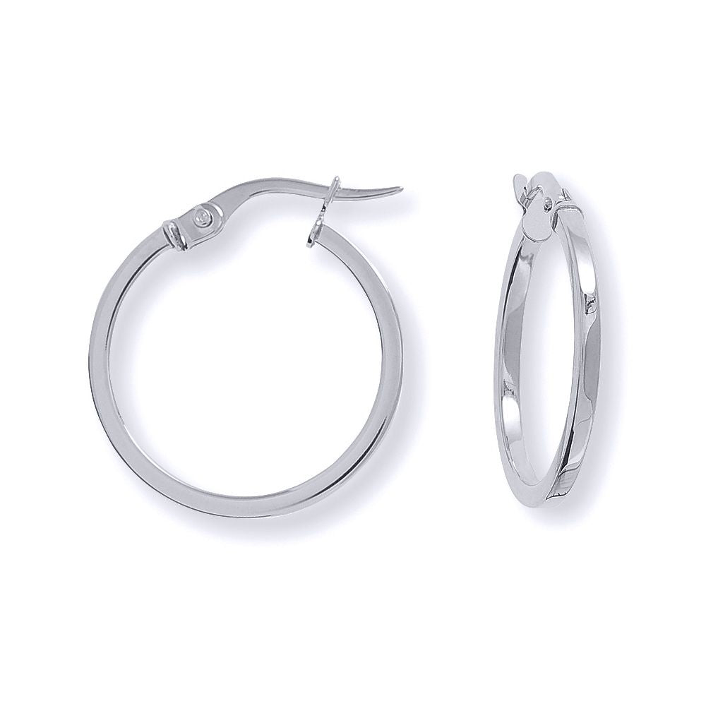 Ladies 9ct White Gold  1.5mm Square Tube Round Hoop Earrings 18mm - ERNR02669