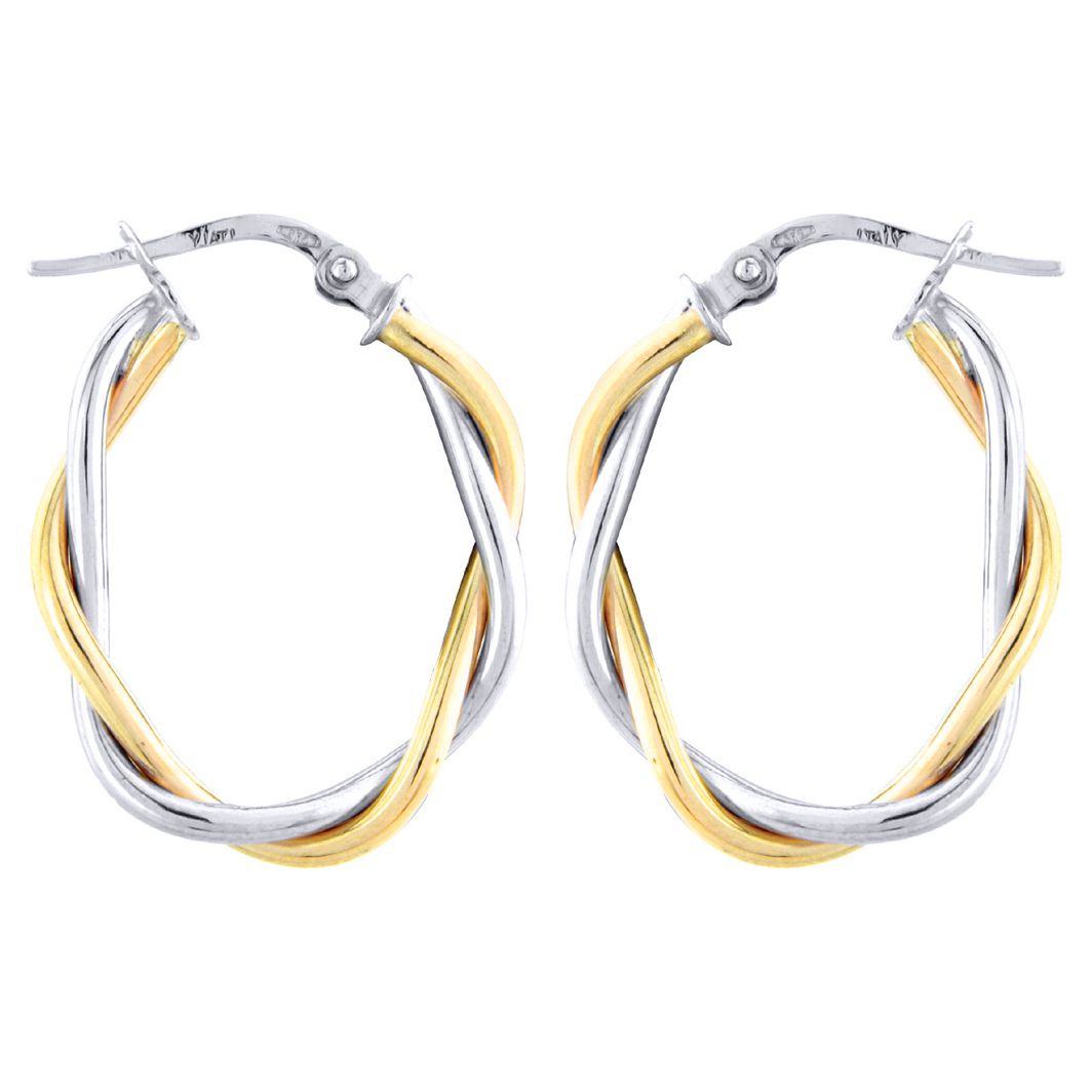 Ladies 9ct White Yellow Gold  Oval Twist Hoop Earrings - 25x20mm - ERNR02754