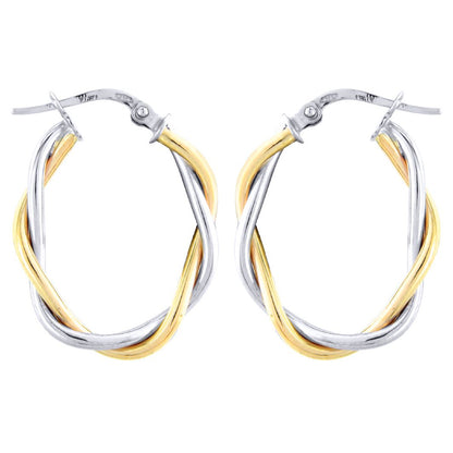 Ladies 9ct White Yellow Gold  Oval Twist Hoop Earrings - 25x20mm - ERNR02754