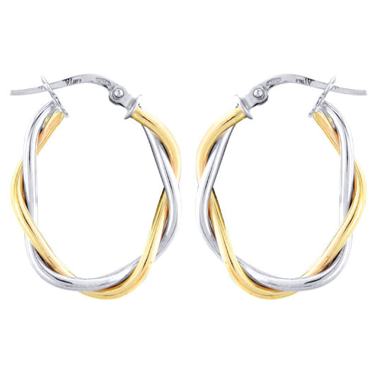 Ladies 9ct White Yellow Gold  Oval Twist Hoop Earrings - 25x20mm - ERNR02754