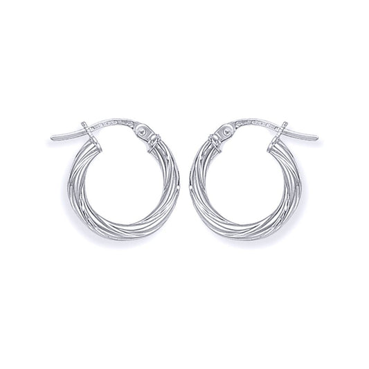 Ladies 9ct White Gold  Rock Candy Twisted Hoop Earrings - 13mm - ERNR02816