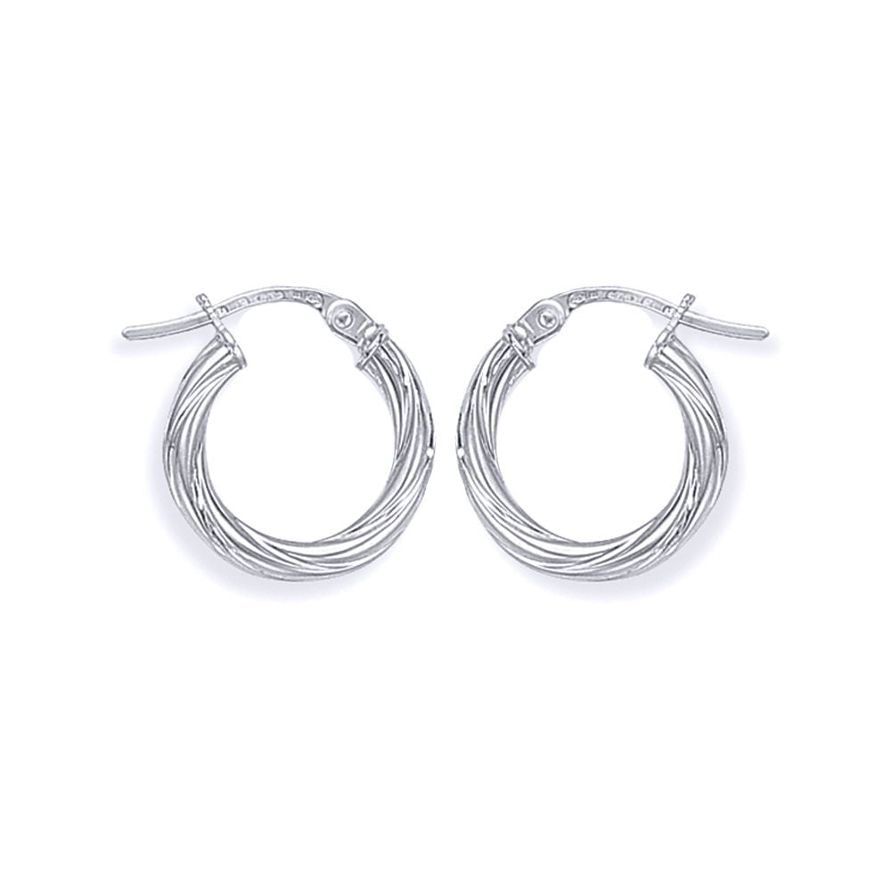 Ladies 9ct White Gold  Rock Candy Twisted Hoop Earrings - 13mm - ERNR02816