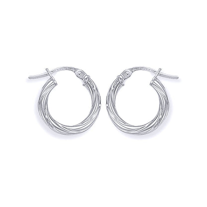 Ladies 9ct White Gold  Rock Candy Twisted Hoop Earrings - 13mm - ERNR02816