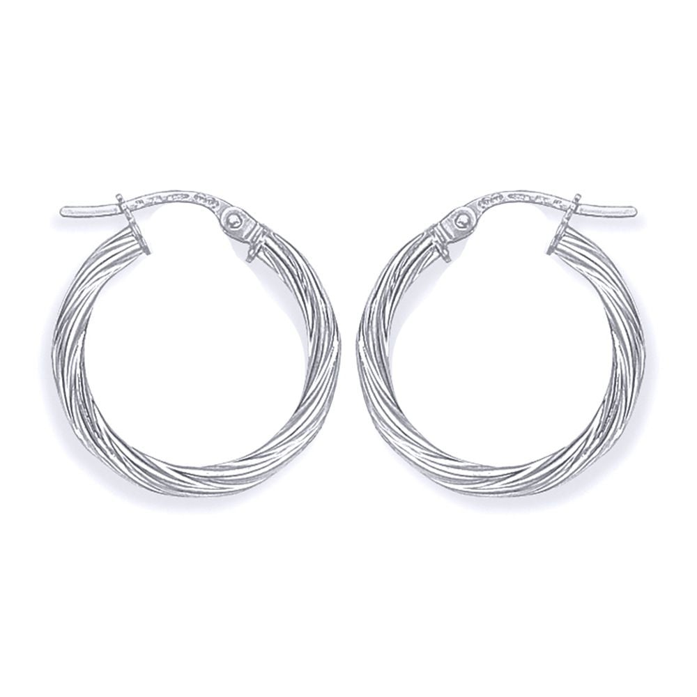 Ladies 9ct White Gold  Rock Candy Twisted Hoop Earrings - 19mm - ERNR02817