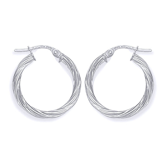 Ladies 9ct White Gold  Rock Candy Twisted Hoop Earrings - 19mm - ERNR02817