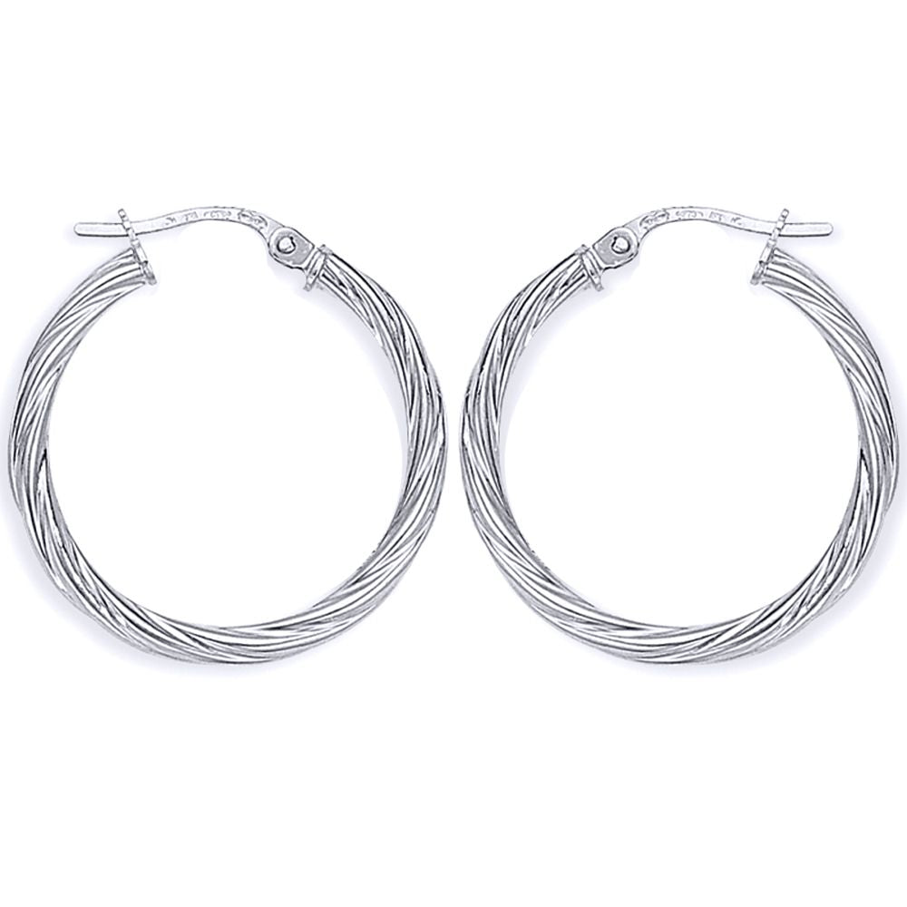 Ladies 9ct White Gold  Rock Candy Twisted Hoop Earrings - 22mm - ERNR02818