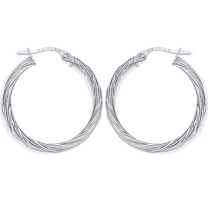 Ladies 9ct White Gold  Rock Candy Twisted Hoop Earrings - 22mm - ERNR02818