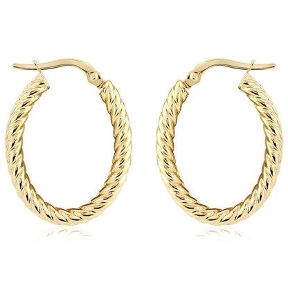 Ladies 9ct Gold  Oval Twist Rope Hoop Earrings - 15x20mm - ERNR02846
