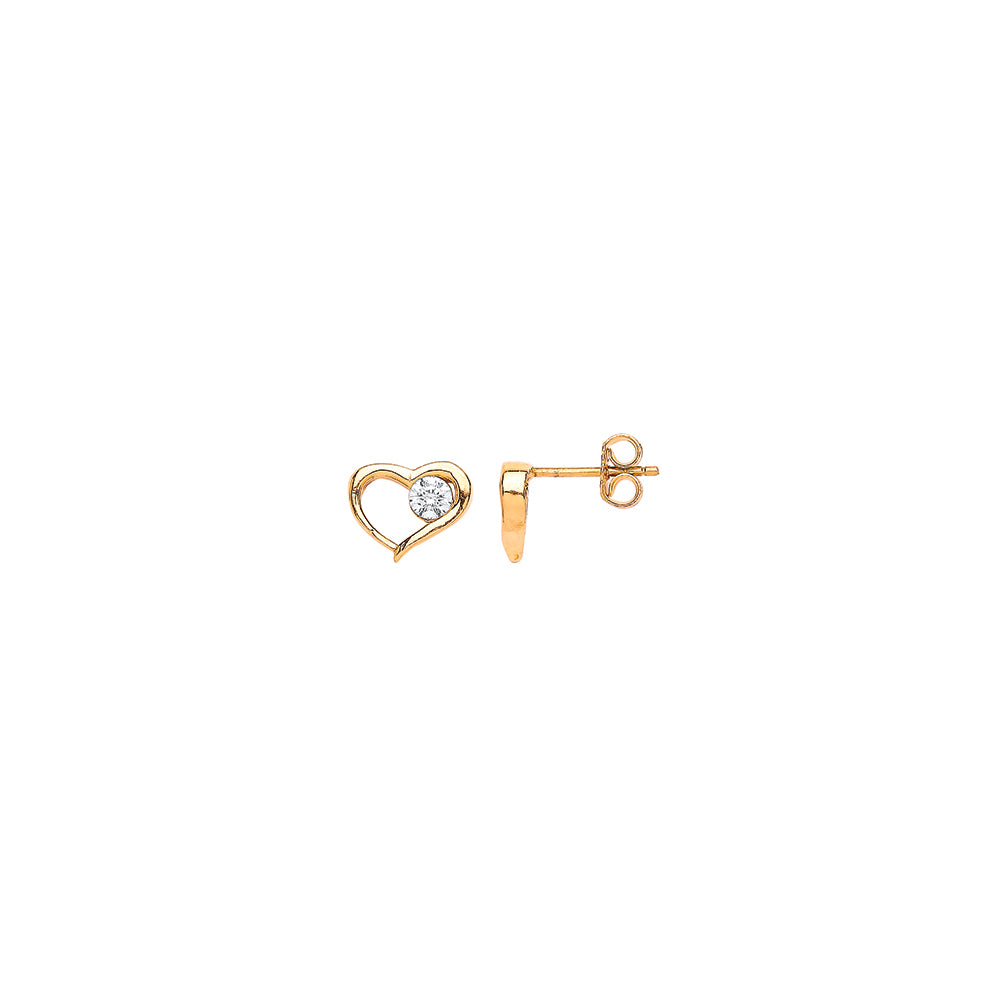 9ct Gold  CZ Solitaire Open Love Heart Stud Earrings - G9E8013