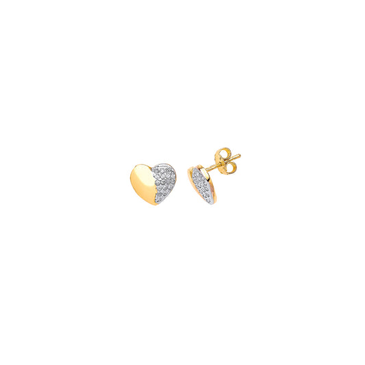 2-Colour 9ct Gold  CZ Pave Yin Yang Love Heart Stud Earrings - G9E8024