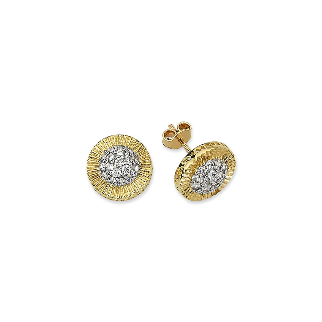 9ct Gold  CZ Sunburst Fluted Halo Domed Cluster Stud Earrings - G9E8077