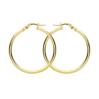 9ct Gold  Plain Polished Round Tube Hoop Earrings 30mm 2mm - G9E8081