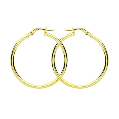 9ct Gold  Plain Polished Round Tube Hoop Earrings 30mm 2mm - G9E8081