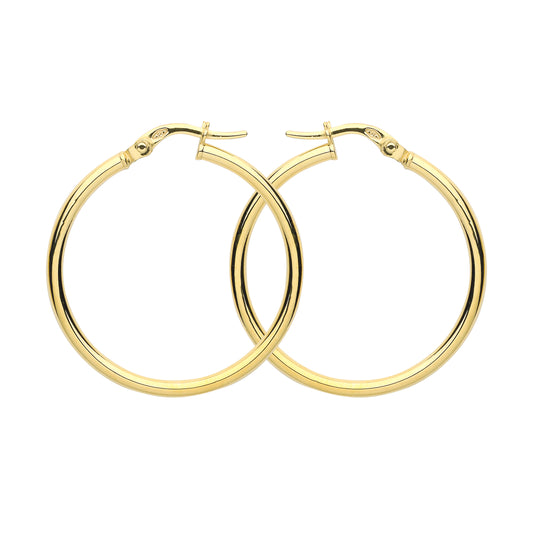 9ct Gold  Plain Polished Round Tube Hoop Earrings 30mm 2mm - G9E8081