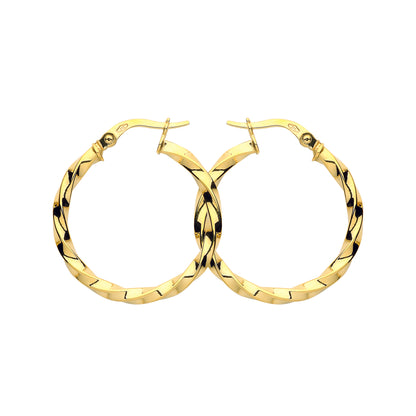 9ct Gold  Square Tube Twist Hoop Earrings 25mm 2.5mm - G9E8090