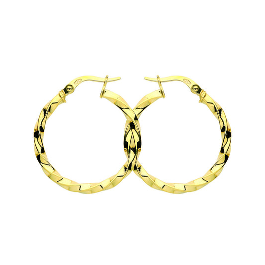 9ct Gold  Square Tube Twist Hoop Earrings 25mm 2.5mm - G9E8090