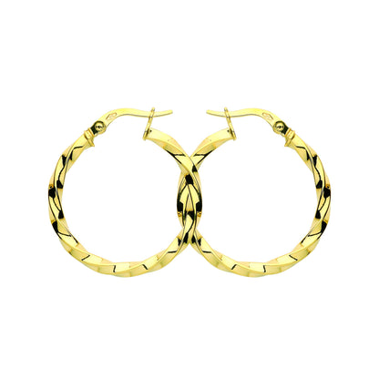9ct Gold  Square Tube Twist Hoop Earrings 25mm 2.5mm - G9E8090