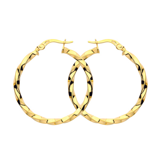 9ct Gold  Square Tube Twist Hoop Earrings 30mm 2.5mm - G9E8091