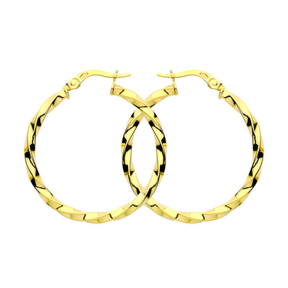 9ct Gold  Square Tube Twist Hoop Earrings 30mm 2.5mm - G9E8091