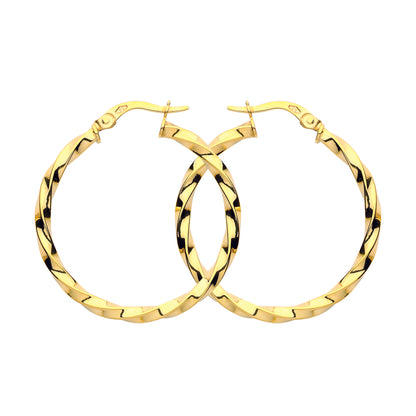 9ct Gold  Square Tube Twist Hoop Earrings 30mm 2.5mm - G9E8091