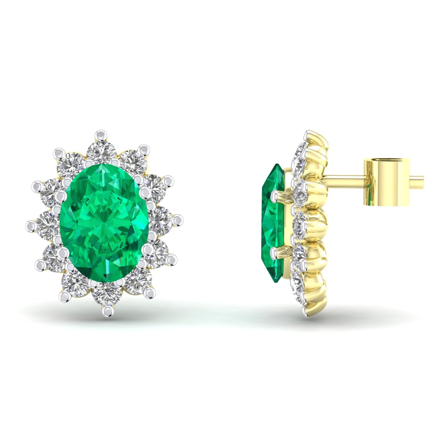 2-Colour 9ct Gold  Green Oval CZ Royal Cluster Stud Earrings - G9E8094EM