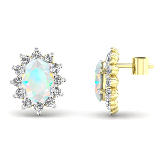 2-Colour 9ct Gold  Rainbow Oval Opal CZ Royal Stud Earrings - G9E8094OP