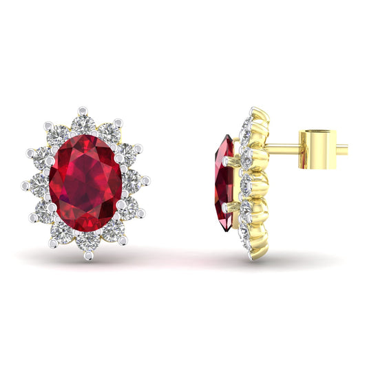 2-Colour 9ct Gold  Red Oval CZ Royal Cluster Stud Earrings - G9E8094RU