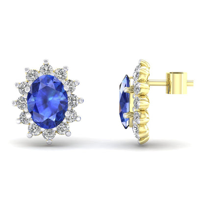 2-Colour 9ct Gold  Blue Oval CZ Royal Cluster Stud Earrings - G9E8094SAP
