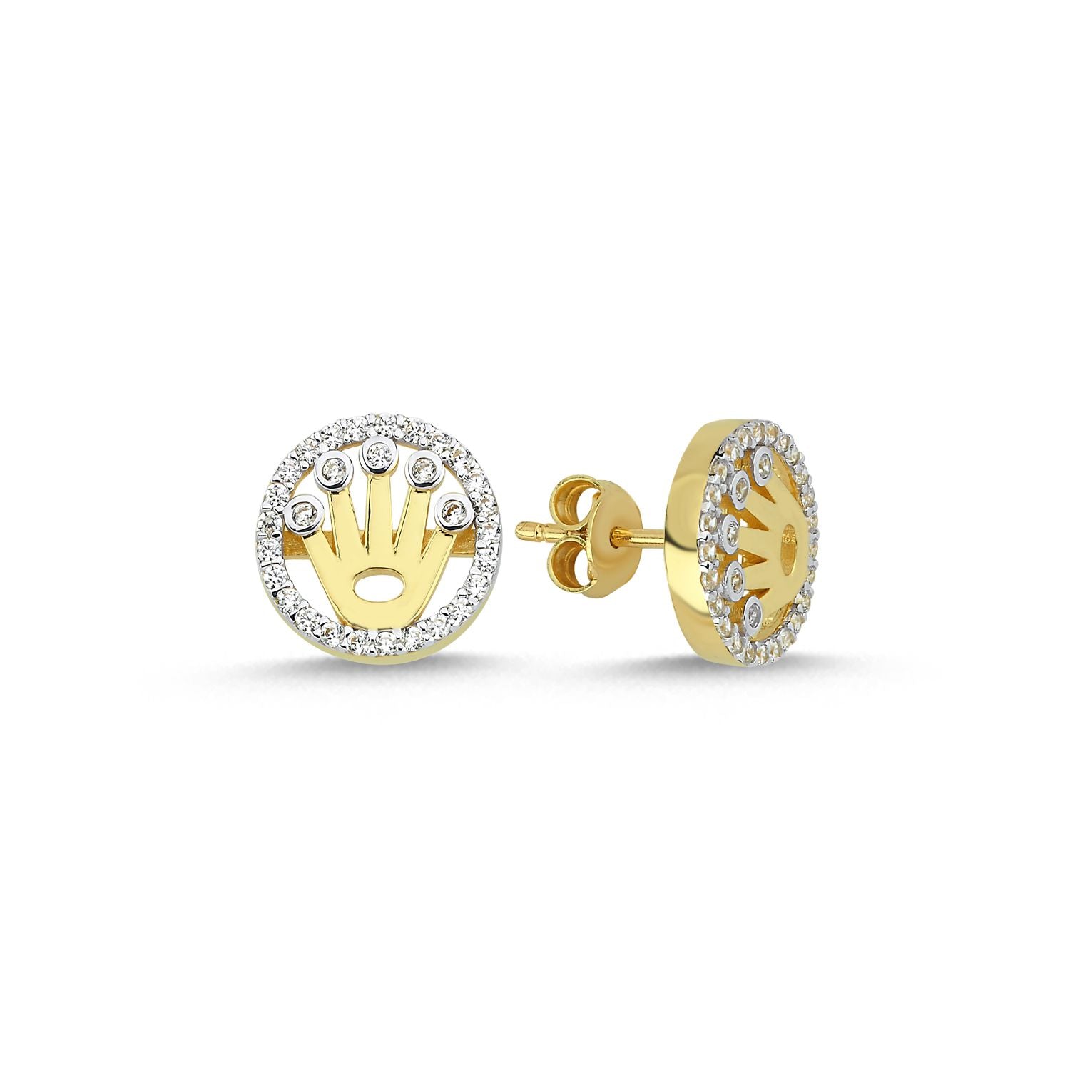 9ct Gold  CZ Hamsa Crown Halo Stud Earrings - G9E8095