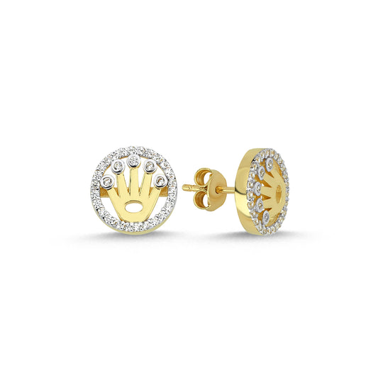 9ct Gold  CZ Hamsa Crown Halo Stud Earrings - G9E8095