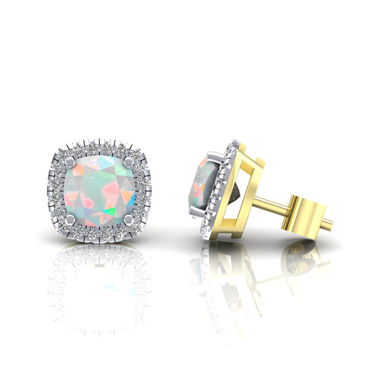 9ct Gold  Rainbow Cushion Opal CZ Square Cushion Stud Earrings - G9E8098OP