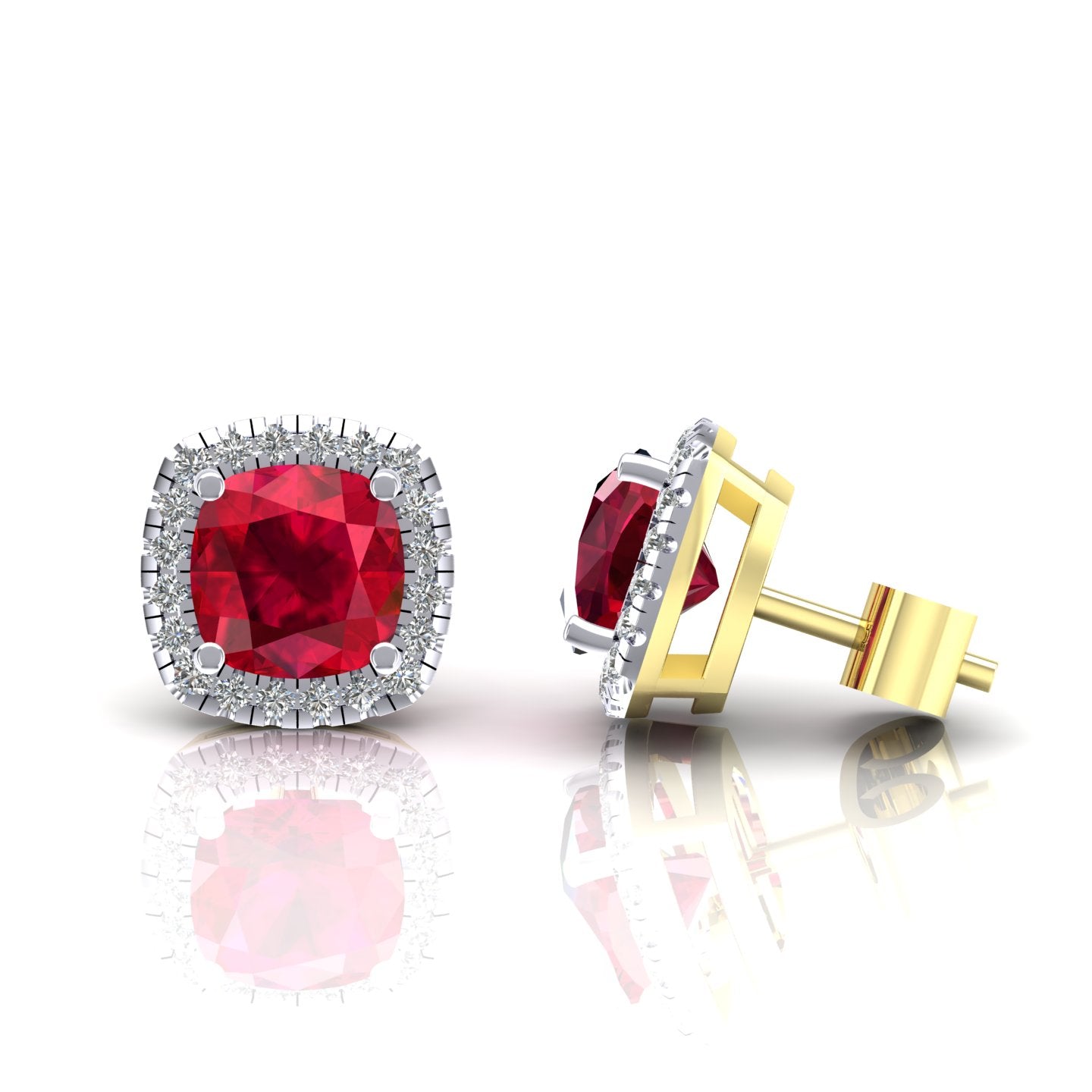 2-Colour 9ct Gold  Red Cushion CZ Square Halo Stud Earrings - G9E8098RU