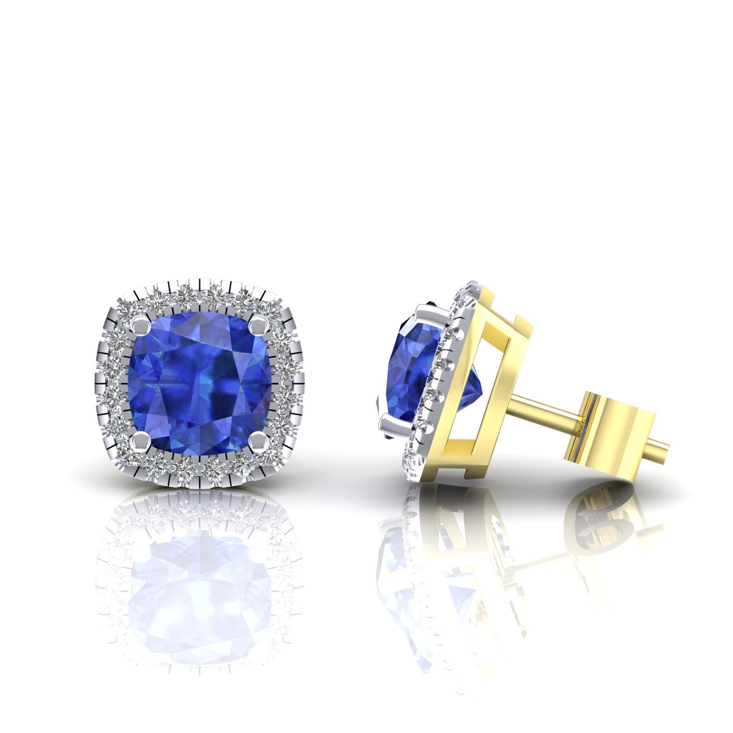 9ct Gold  Blue Cushion CZ Square Cushion Halo Stud Earrings - G9E8098SP