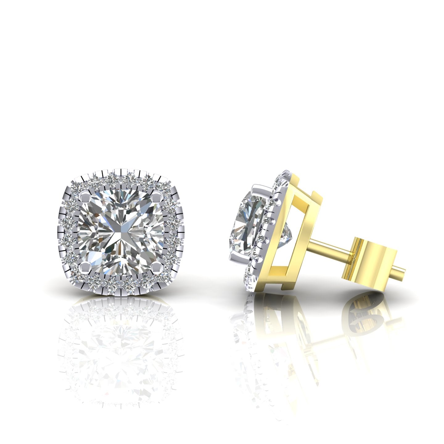 2-Colour 9ct Gold  Cushion CZ Square Cushion Halo Stud Earrings - G9E8098