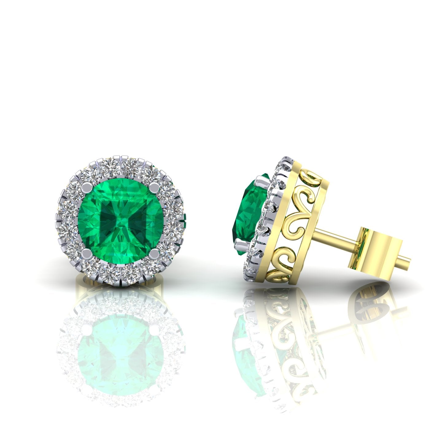 2-Colour 9ct Gold  Green CZ Filigree Gallery Halo Stud Earrings - G9E8099EM