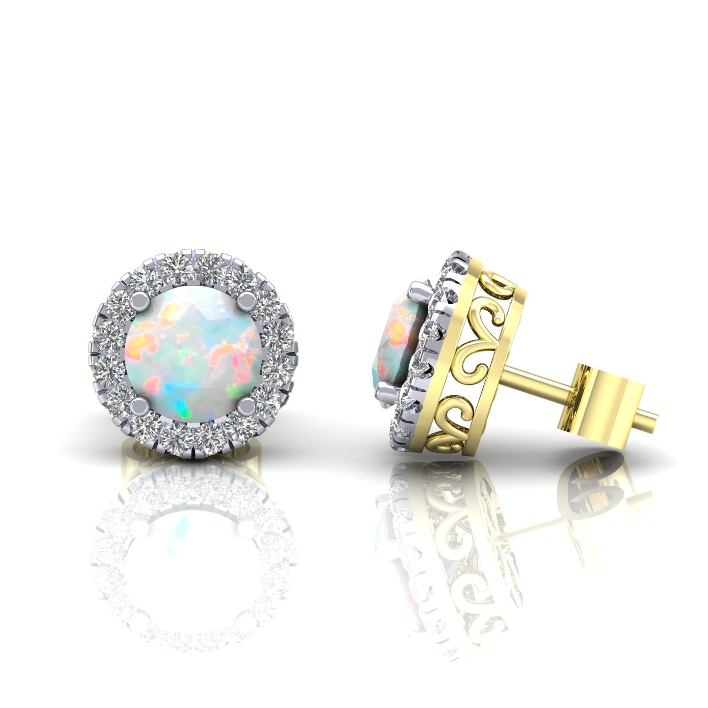 2-Colour 9ct Gold  Rainbow Opal CZ Filigree Halo Stud Earrings - G9E8099OP