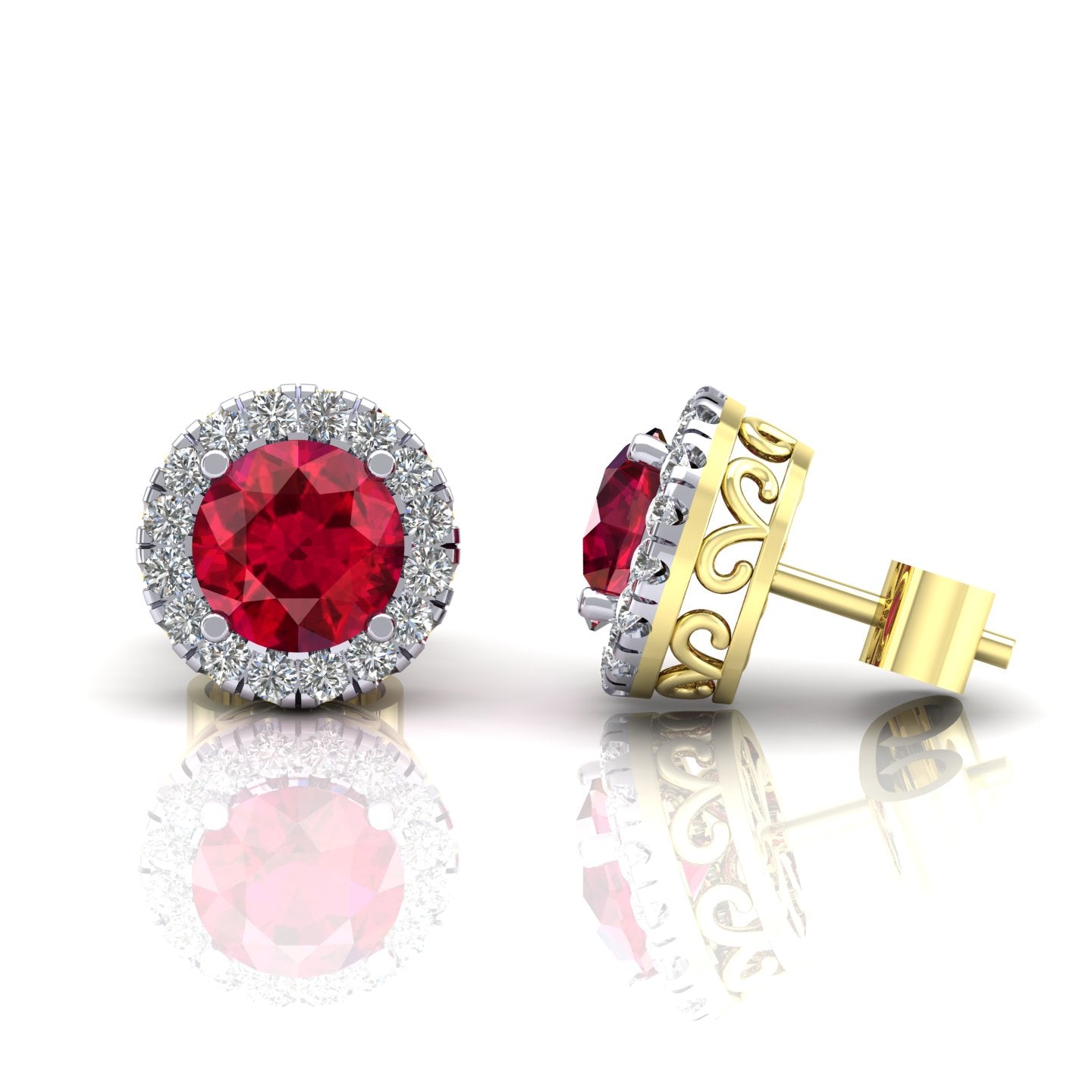 2-Colour 9ct Gold  Red CZ Filigree Gallery Halo Stud Earrings - G9E8099RU