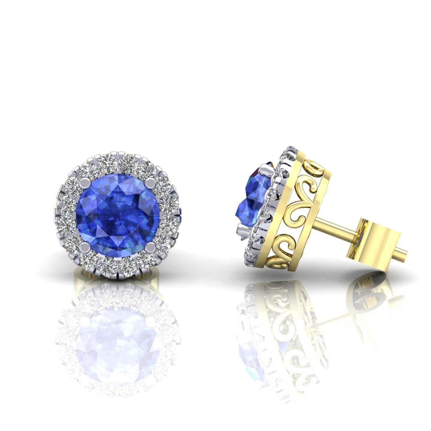 2-Colour 9ct Gold  Blue CZ Filigree Gallery Halo Stud Earrings - G9E8099SP