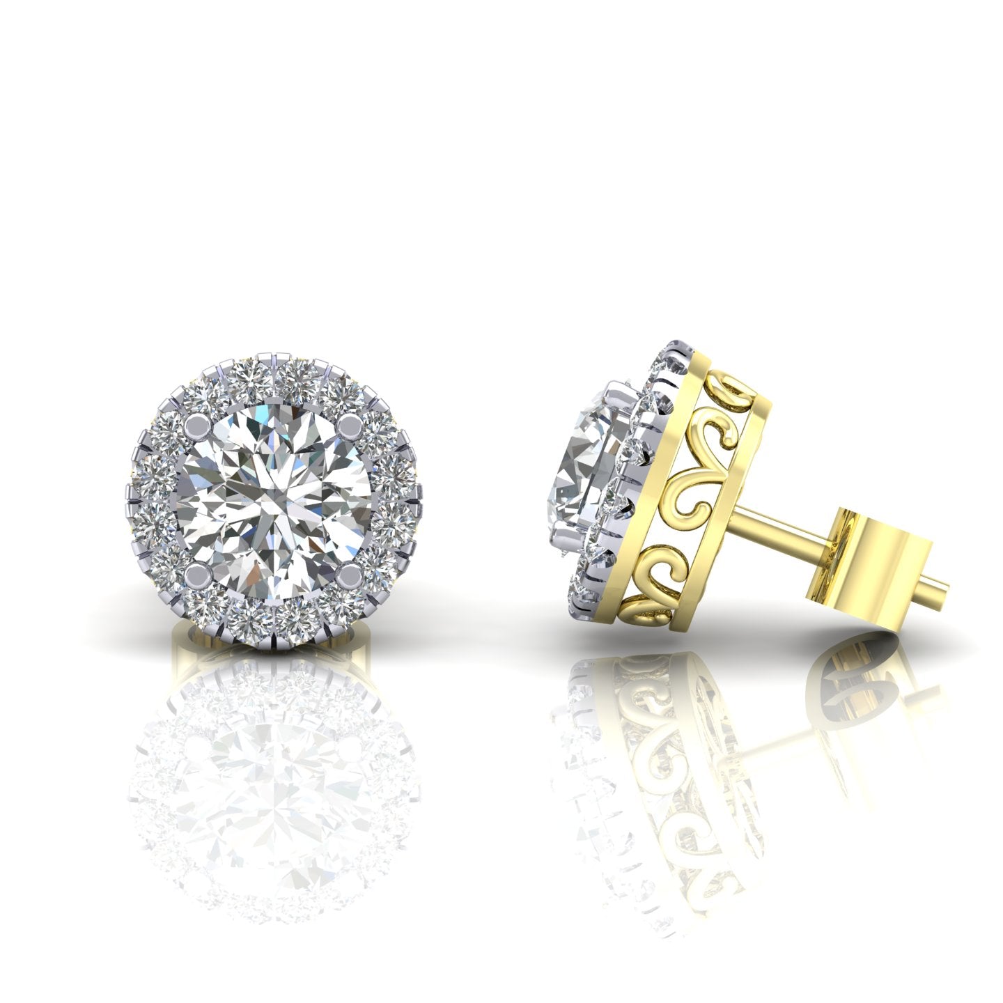 2-Colour 9ct Gold  CZ Filigree Gallery Halo Stud Earrings - G9E8099