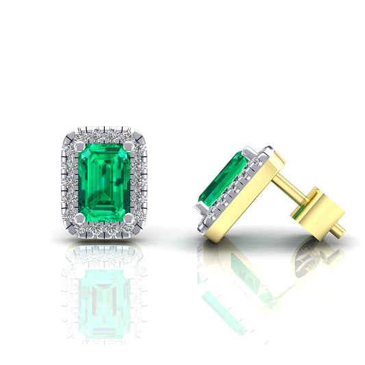 2-Colour 9ct Gold  Green Emerald CZ Rectangular Halo Stud Earrings - G9E8100EM