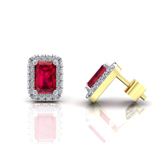 2-Colour 9ct Gold  Red Emerald CZ Rectangular Halo Stud Earrings - G9E8100RU