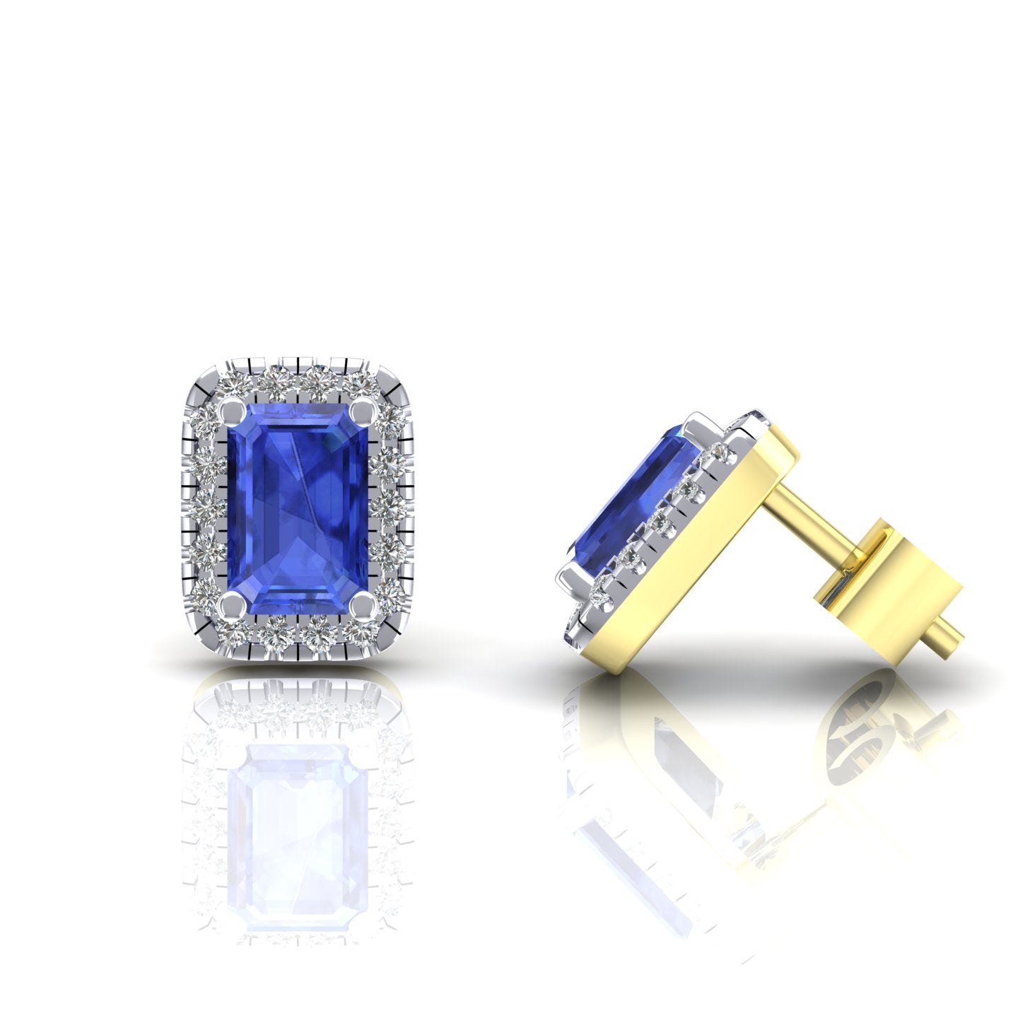 2-Colour 9ct Gold  Blue Emerald CZ Rectangular Halo Stud Earrings - G9E8100SP