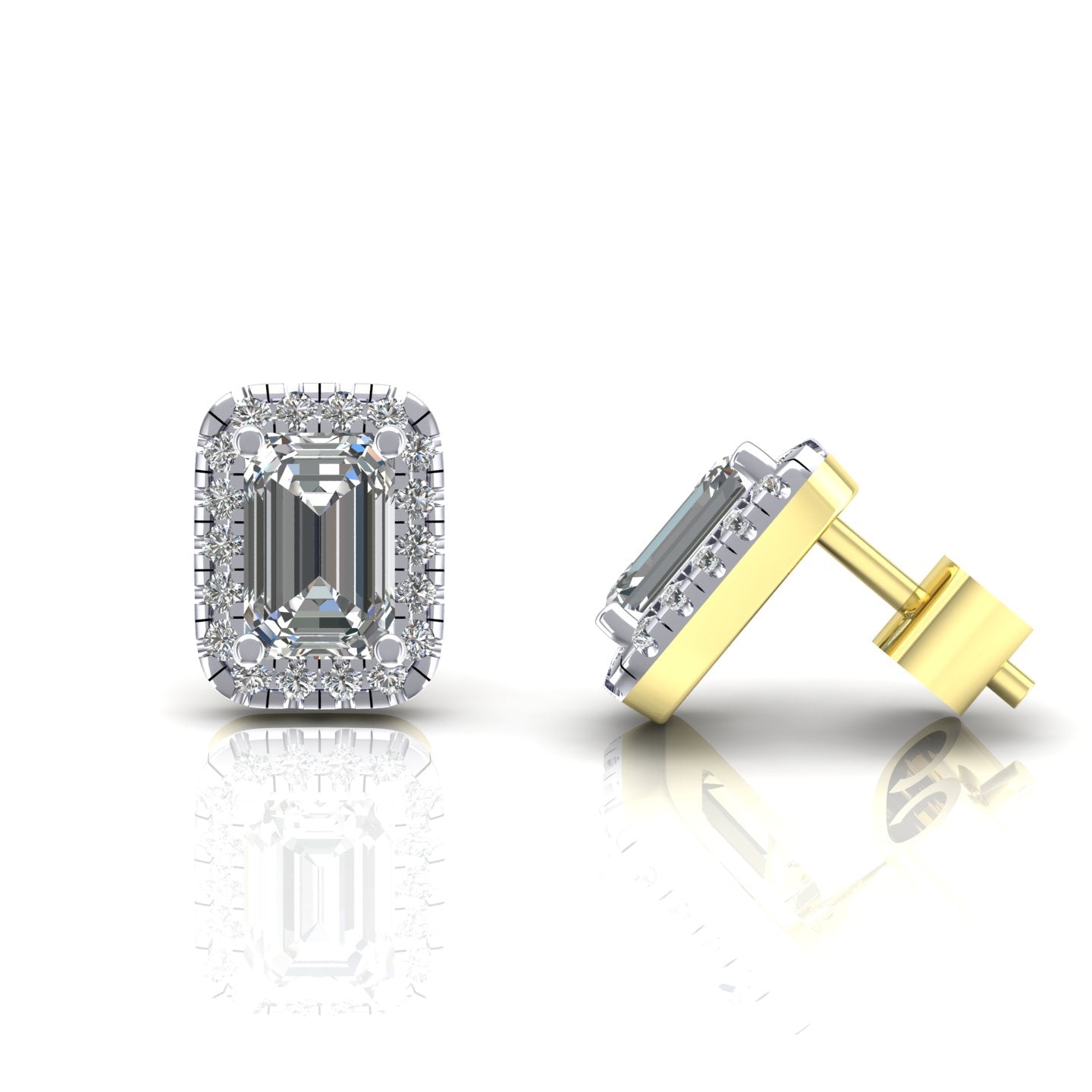 2-Colour 9ct Gold  Emerald CZ Rectangular Halo Stud Earrings - G9E8100