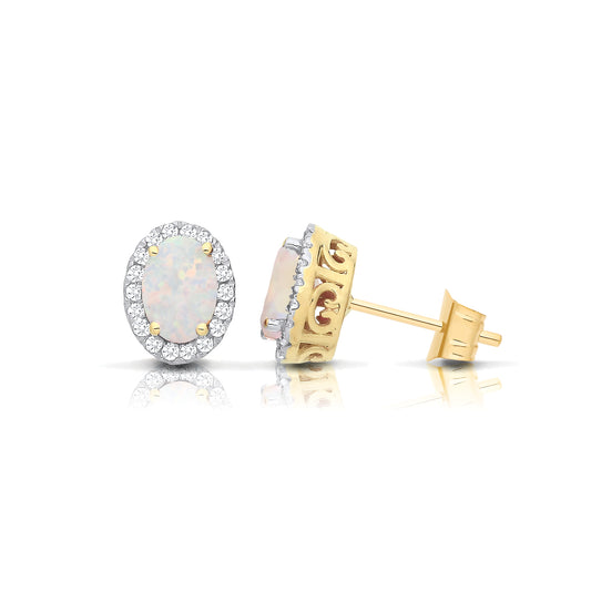 9ct Gold  Rainbow Oval Opal CZ Filigree Halo Stud Earrings - G9E8101OP