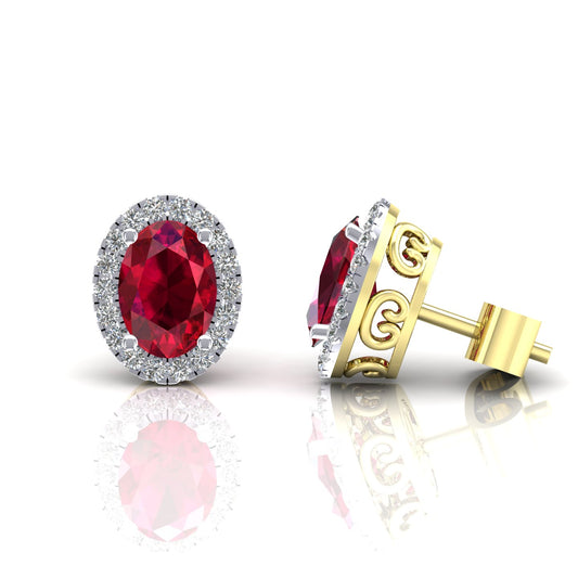 2-Colour 9ct Gold  Red Oval CZ Filigree Gallery Halo Stud Earrings - G9E8101RU