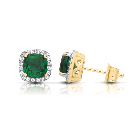 2-Colour 9ct Gold  Green Cushion CZ Filigree Halo Stud Earrings - G9E8102EM