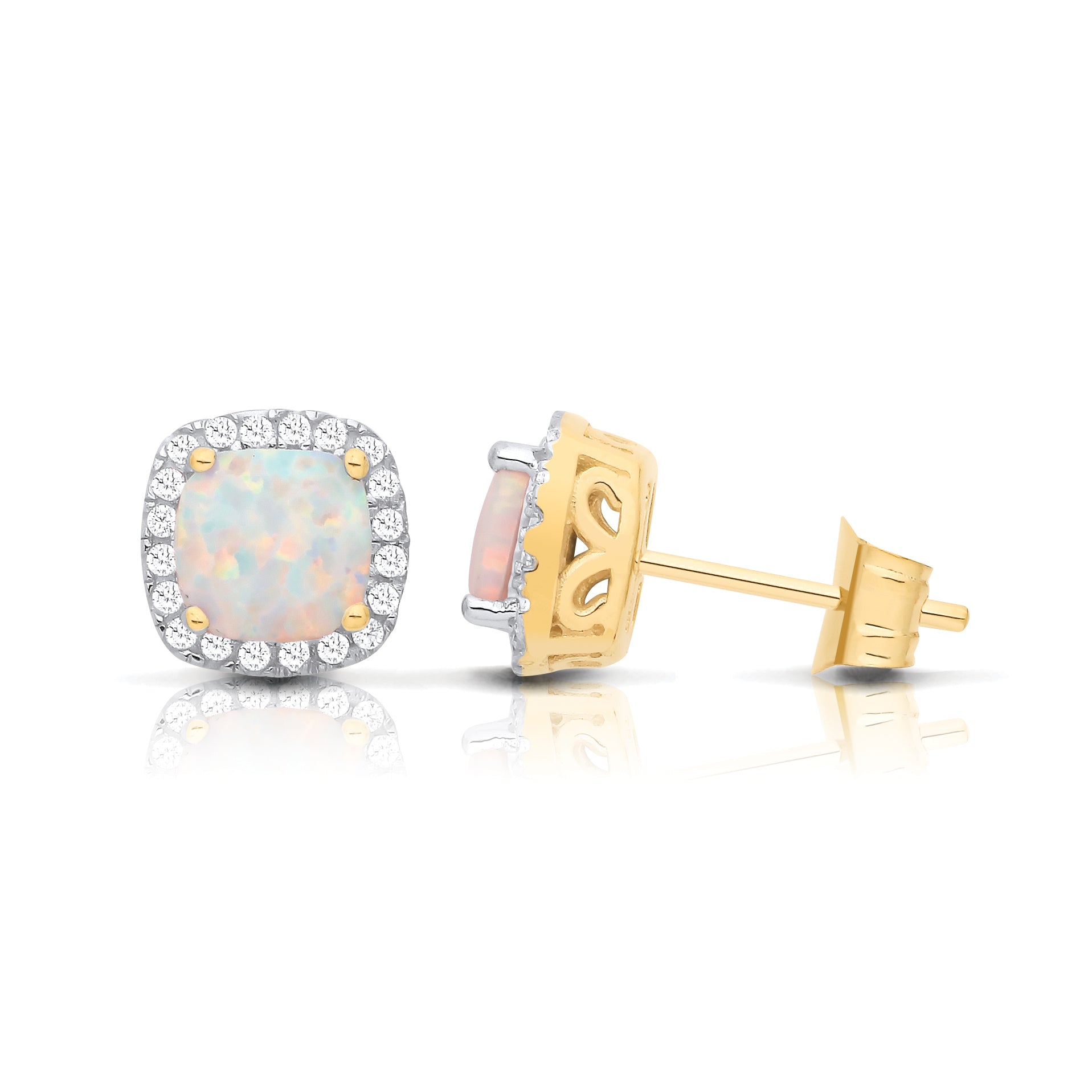 9ct Gold  Rainbow Cushion Opal CZ Filigree Halo Stud Earrings - G9E8102OP