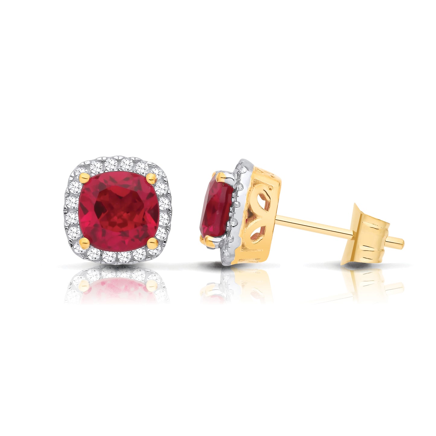 2-Colour 9ct Gold  Red Cushion CZ Filigree Halo Stud Earrings - G9E8102RU