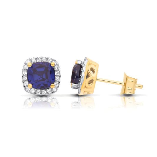 2-Colour 9ct Gold  Blue Cushion CZ Filigree Halo Stud Earrings - G9E8102SP