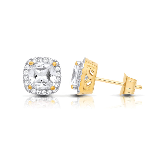 2-Colour 9ct Gold  Cushion CZ Filigree Gallery Halo Stud Earrings - G9E8102